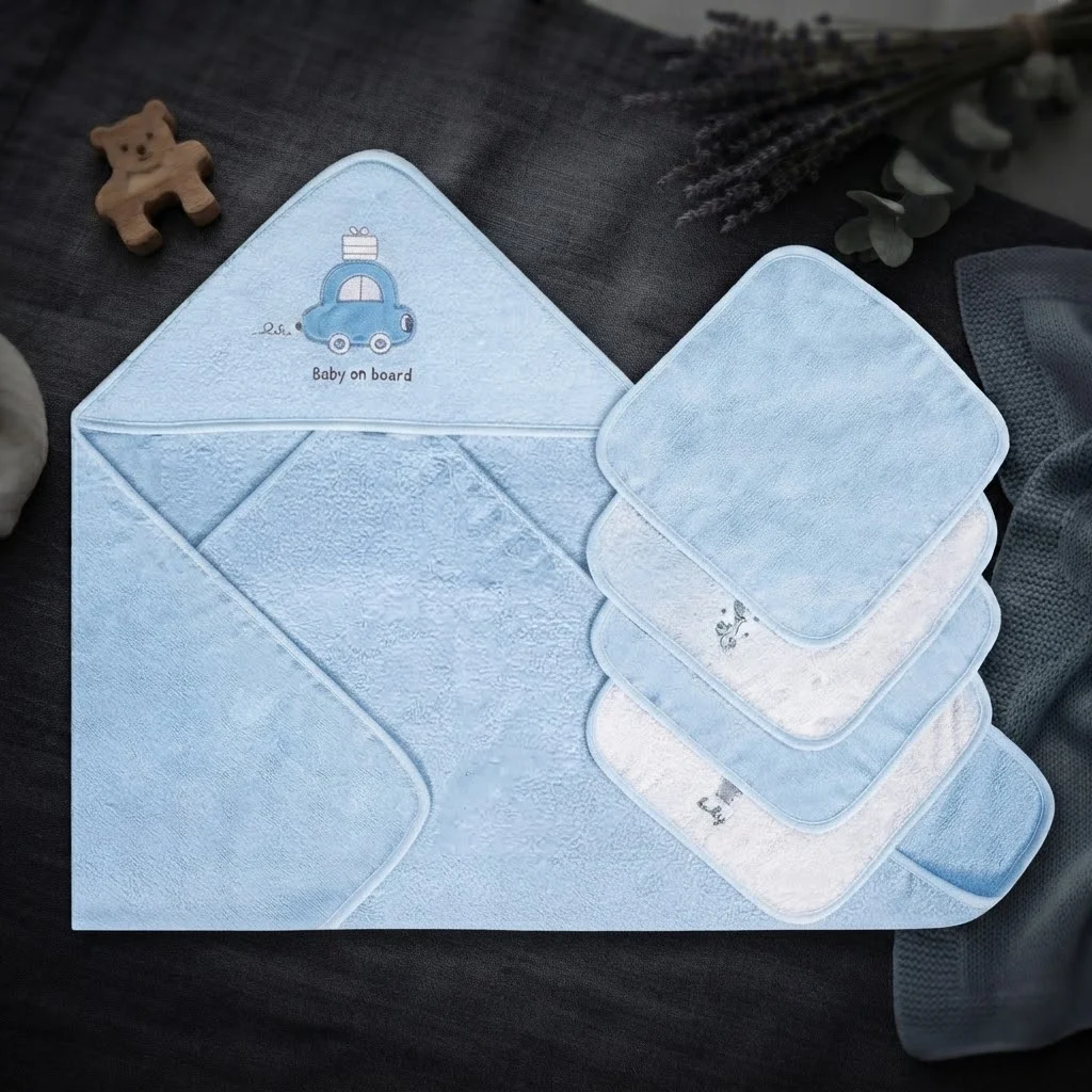 Sunnozy-1+4Towel - blue car - 76\*76CM+25\*25cm