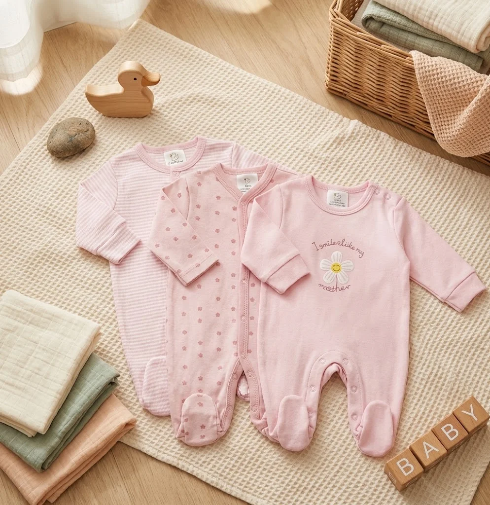3pcs romper with sock - pink flowers - 6-9M