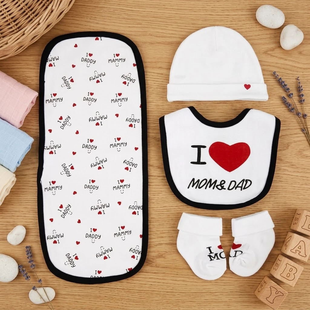 Sunnozy-4 pcs set(hat+bib+socks+burpcloth) - White loves parents - 0-6M