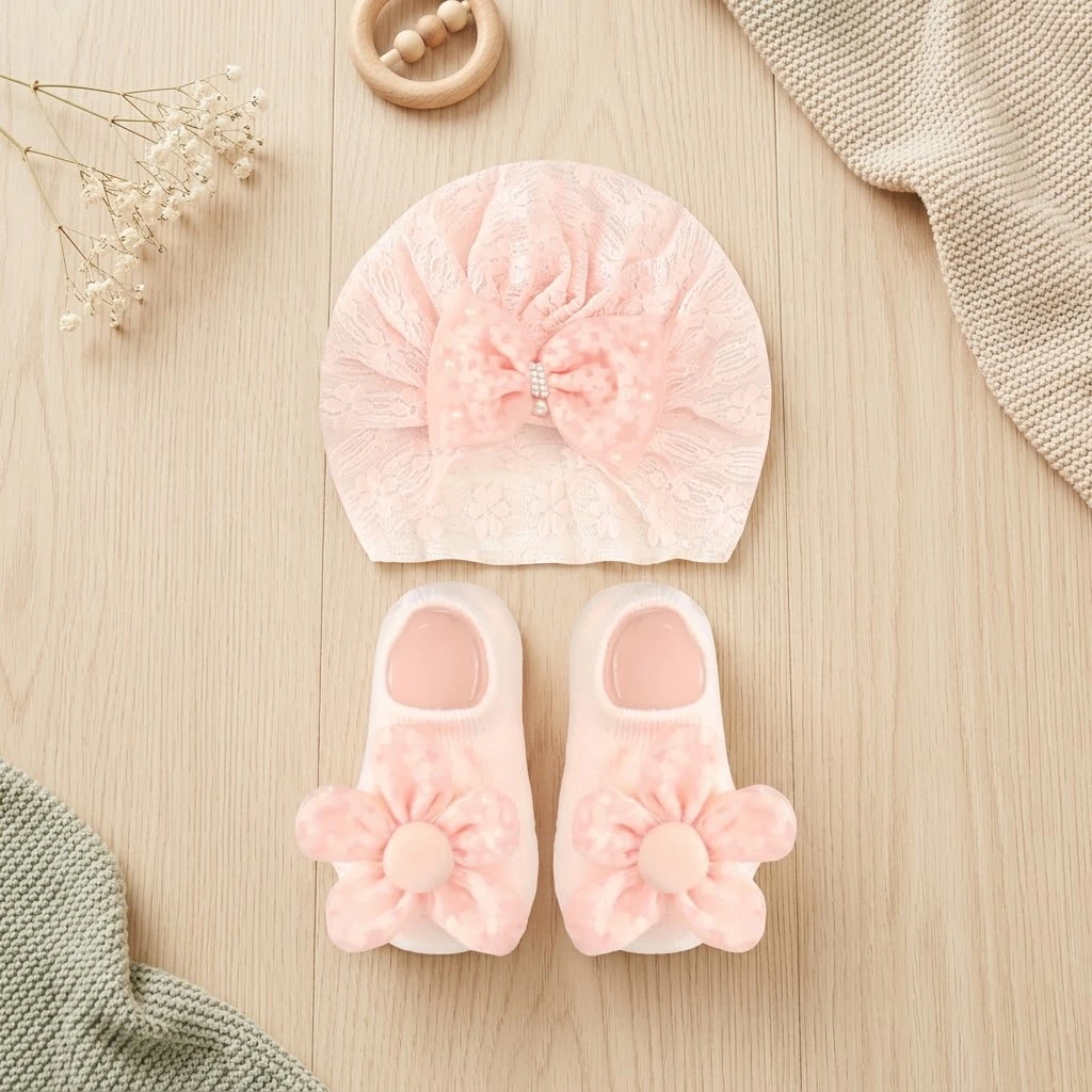 Sunnozy-hat+sock set - Champagne bowknot flower - 0-6m