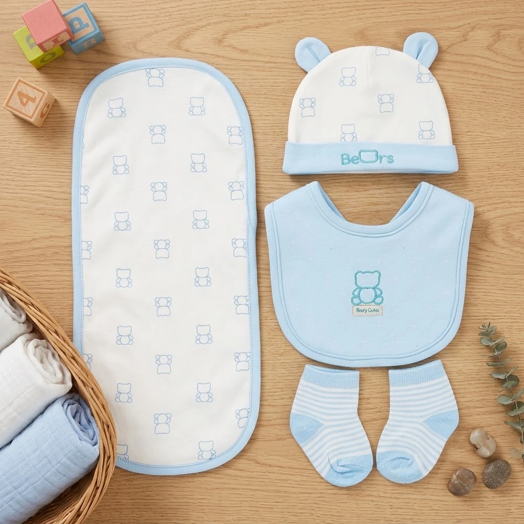 Sunnozy-4 pcs set(hat+bib+socks+burpcloth) - blue bear - 0-6M