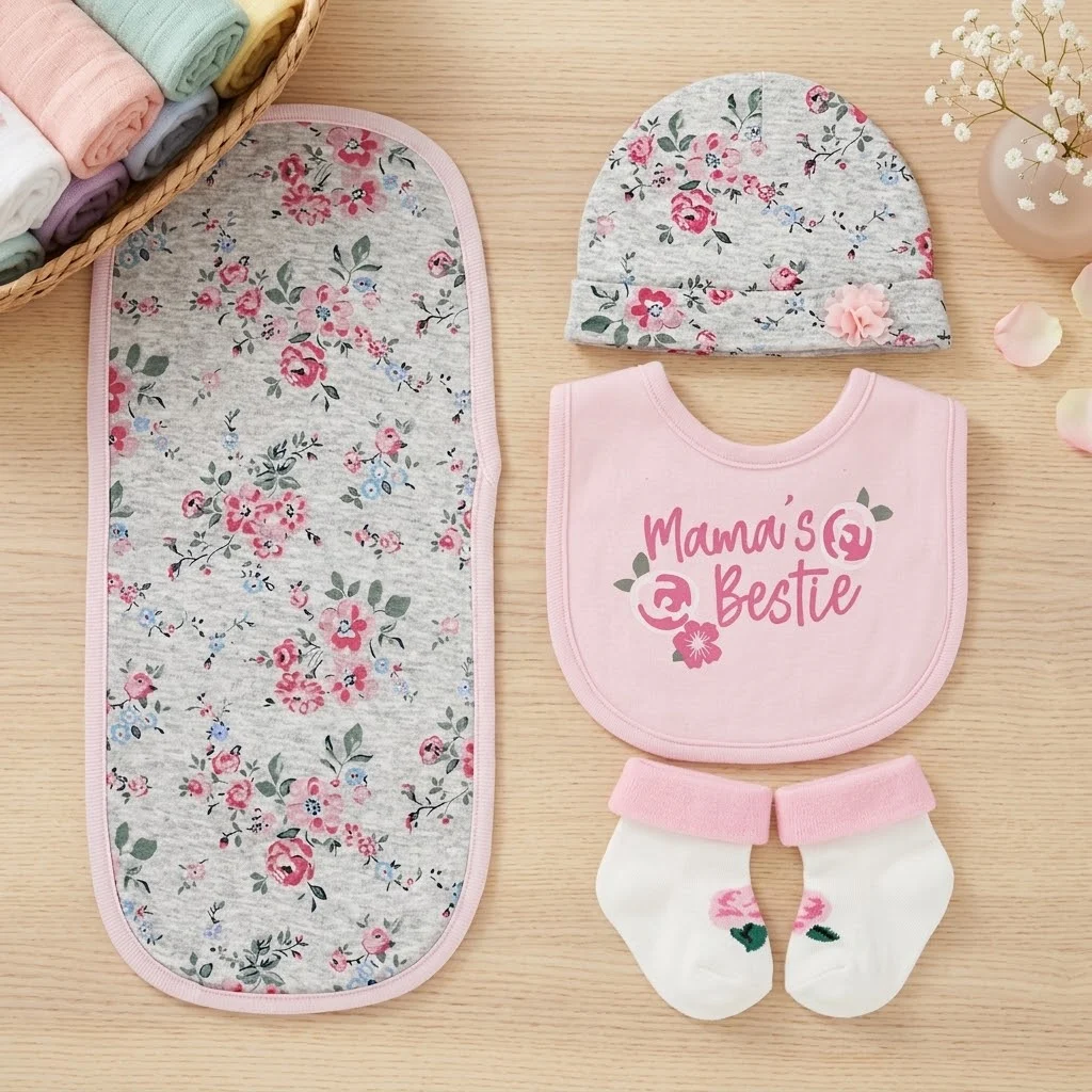 Sunnozy-4 pcs set(hat+bib+socks+burpcloth) - pink flowers - 0-6M