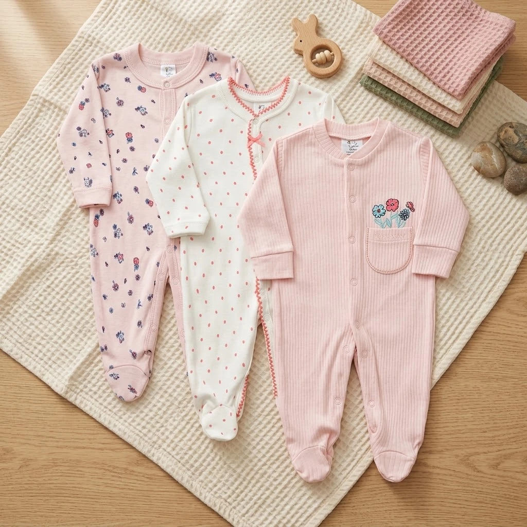3pcs romper with sock - pink little flower - 0-3M