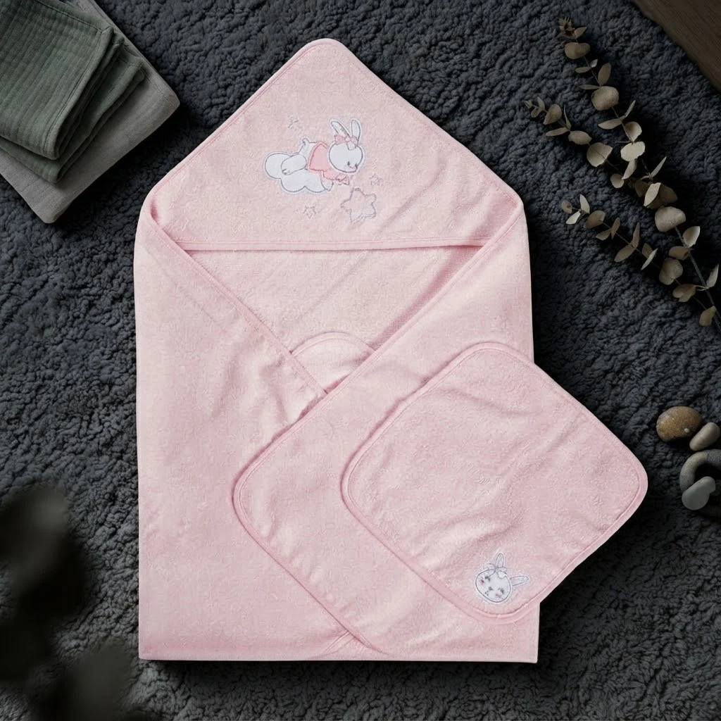 Sunnozy-Hood Towel+1 Face towel - pink rabbit - 76\*76+25\*25CM