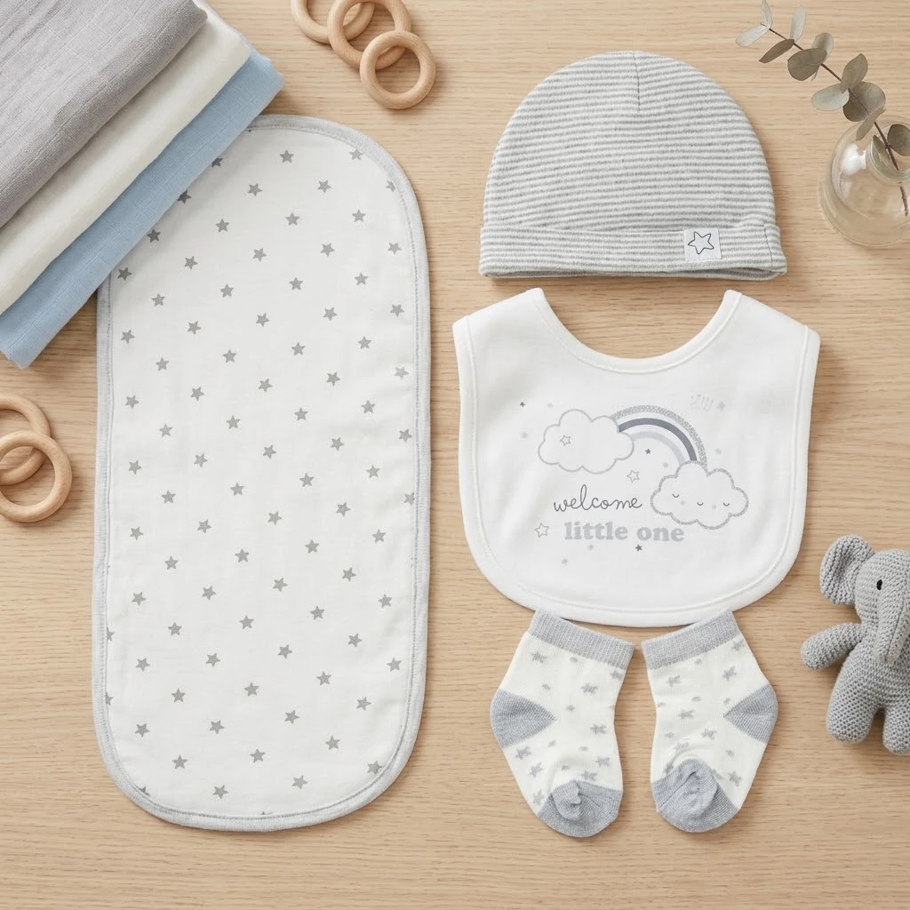 Sunnozy-4 pcs set(hat+bib+socks+burpcloth) - Gray Rainbow - 0-6M