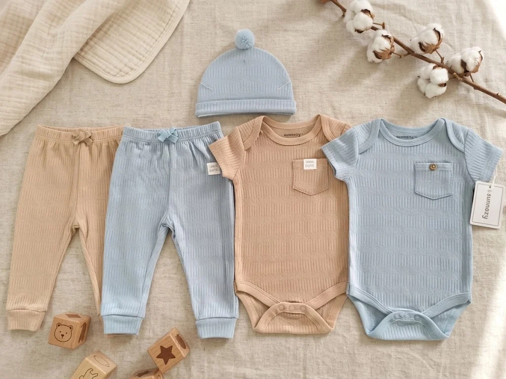 Sunnozy-5pcs clothing set(2bodysuits+2pants+1hat) - khaki & blue - 0-3/3-6/6-9M