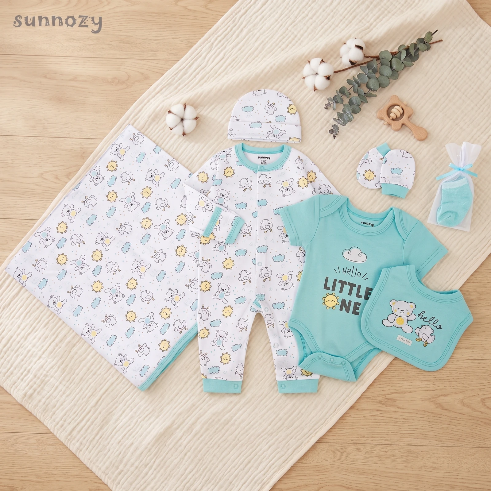 Sunnozy-7 Piece Set - Little bear and little duck - 0-3/3-6M，Bk80x80cm