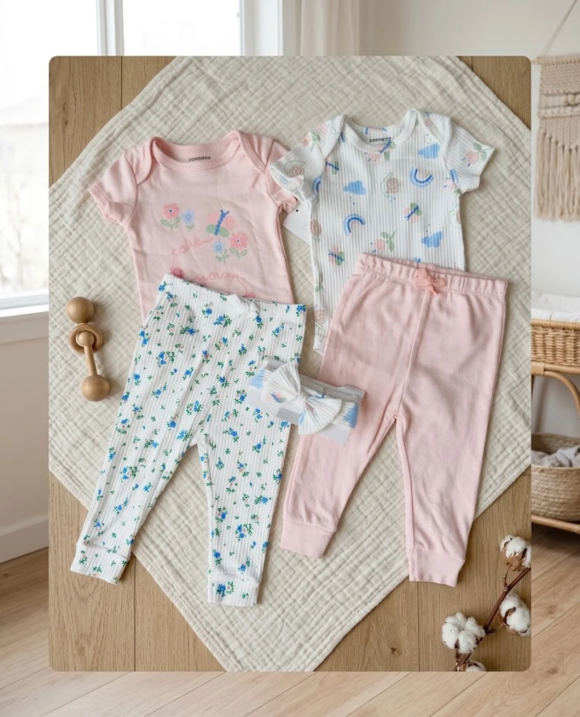 Sunnozy-5pcs clothing set(2bodysuits+2pants+1hat) - Pink butterfly flower - 0-3/3-6/6-9M