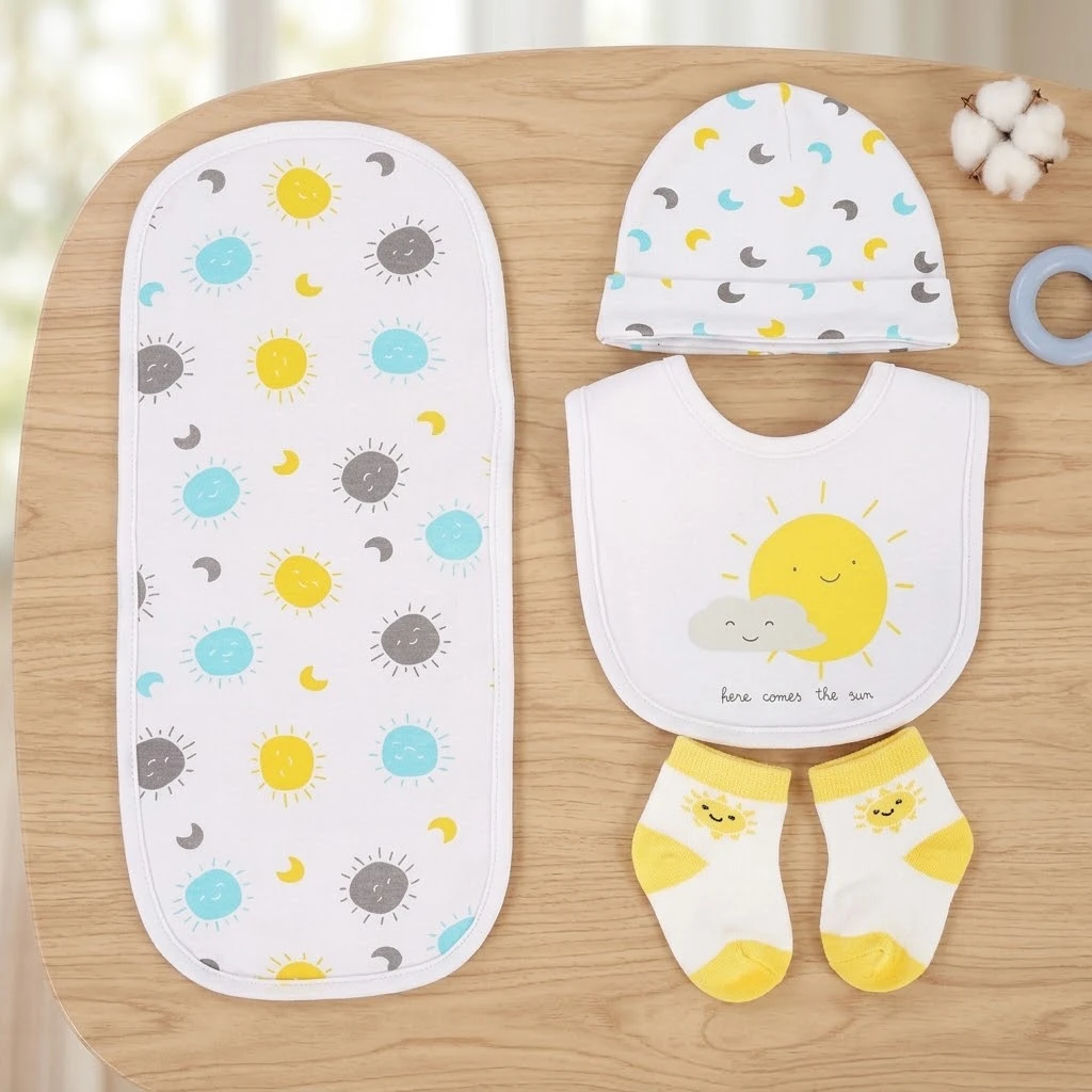 Sunnozy-4 pcs set(hat+bib+socks+burpcloth) - sun - 0-6M