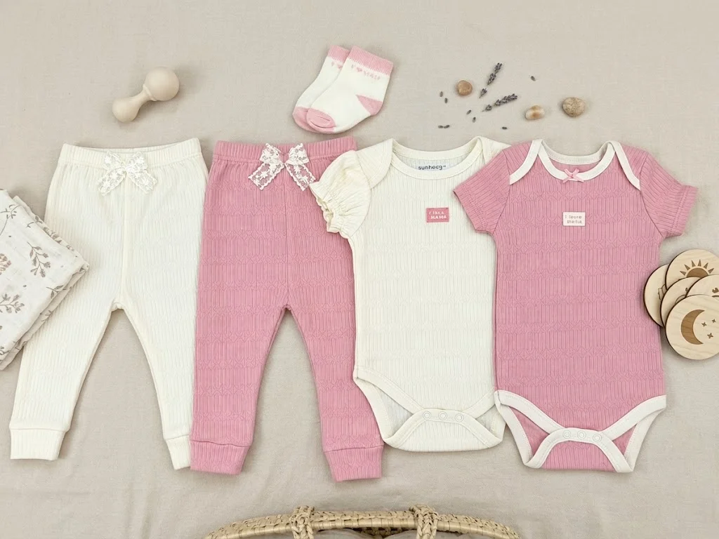 Sunnozy-5pcs clothing set(2bodysuits+2pants+1hat) - beige & pink - 0-3/3-6/6-9M